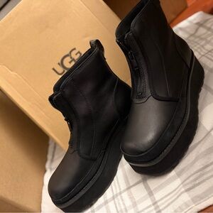 UGG Black Leather Platform Zip Ankle Boots water resistant